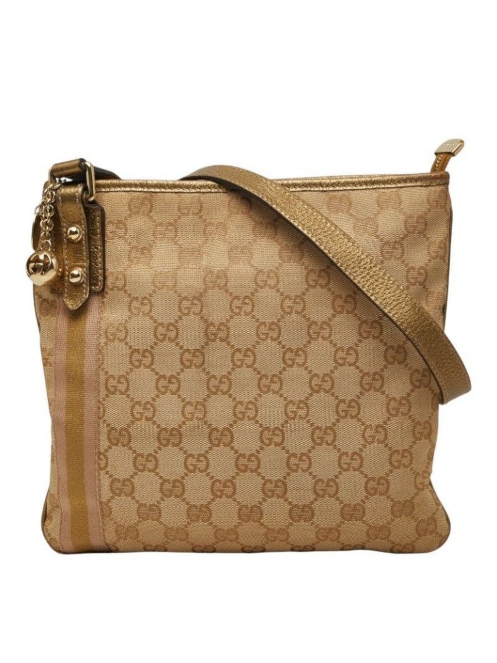 Gucci GG Canvas Sherry Line Crossbody Shoulder Bag Beige Gold Pink